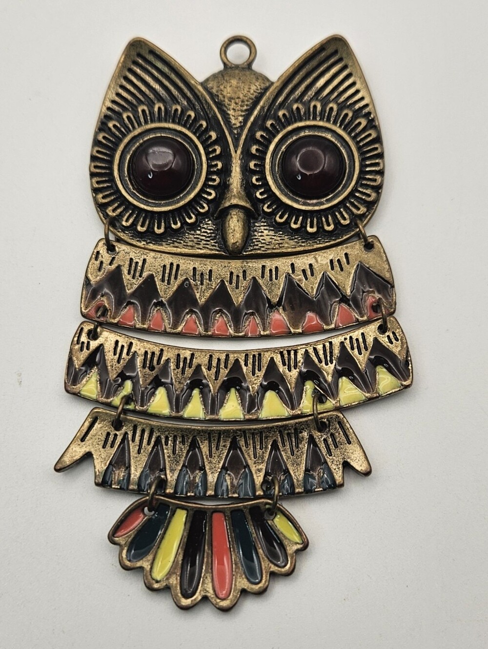 Large Owl Pendant Articulated  Statement Boho Brass Tone